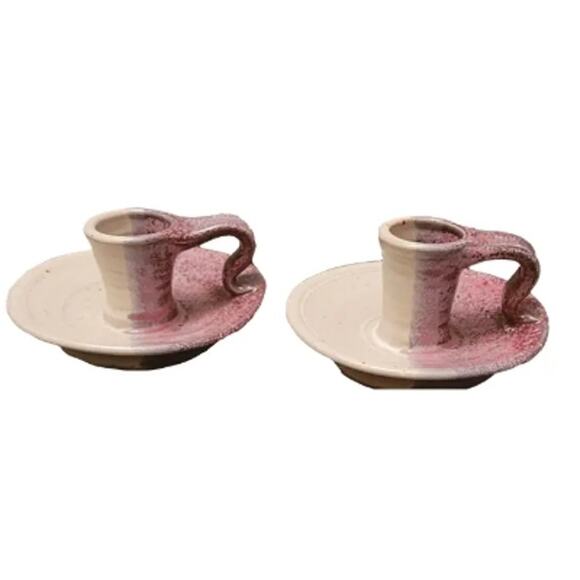 Pair Mid Century Studio Art Tapered Candle Holders Lavender White with Handles - Picture 1 of 6